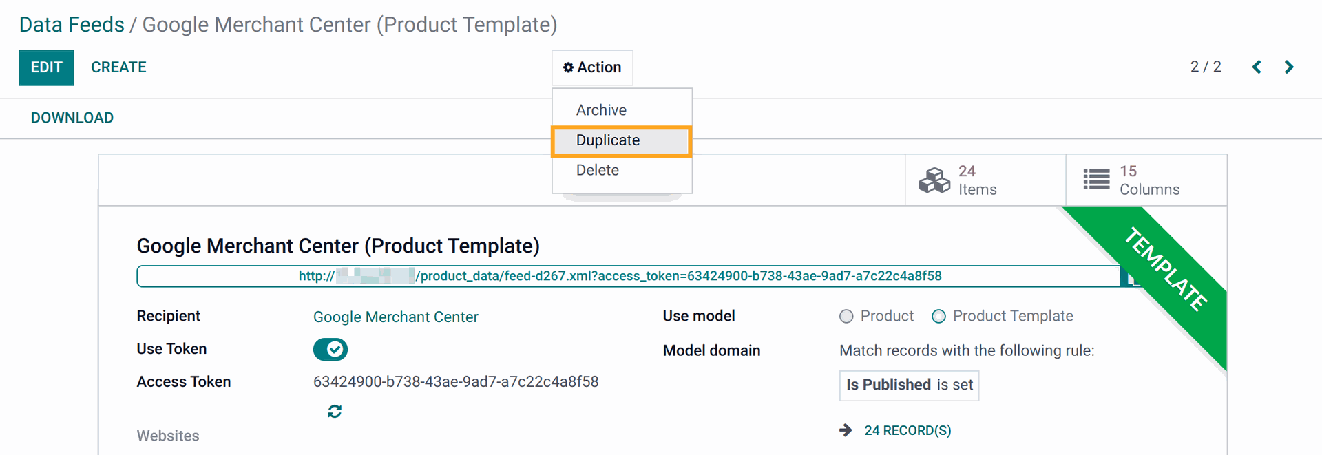 Product data feed cloning in Odoo