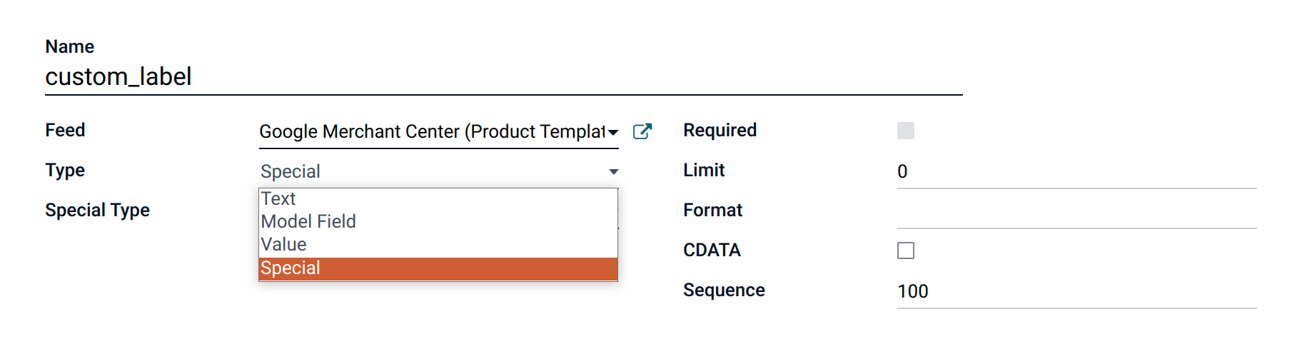 Product data feed column settings in Odoo