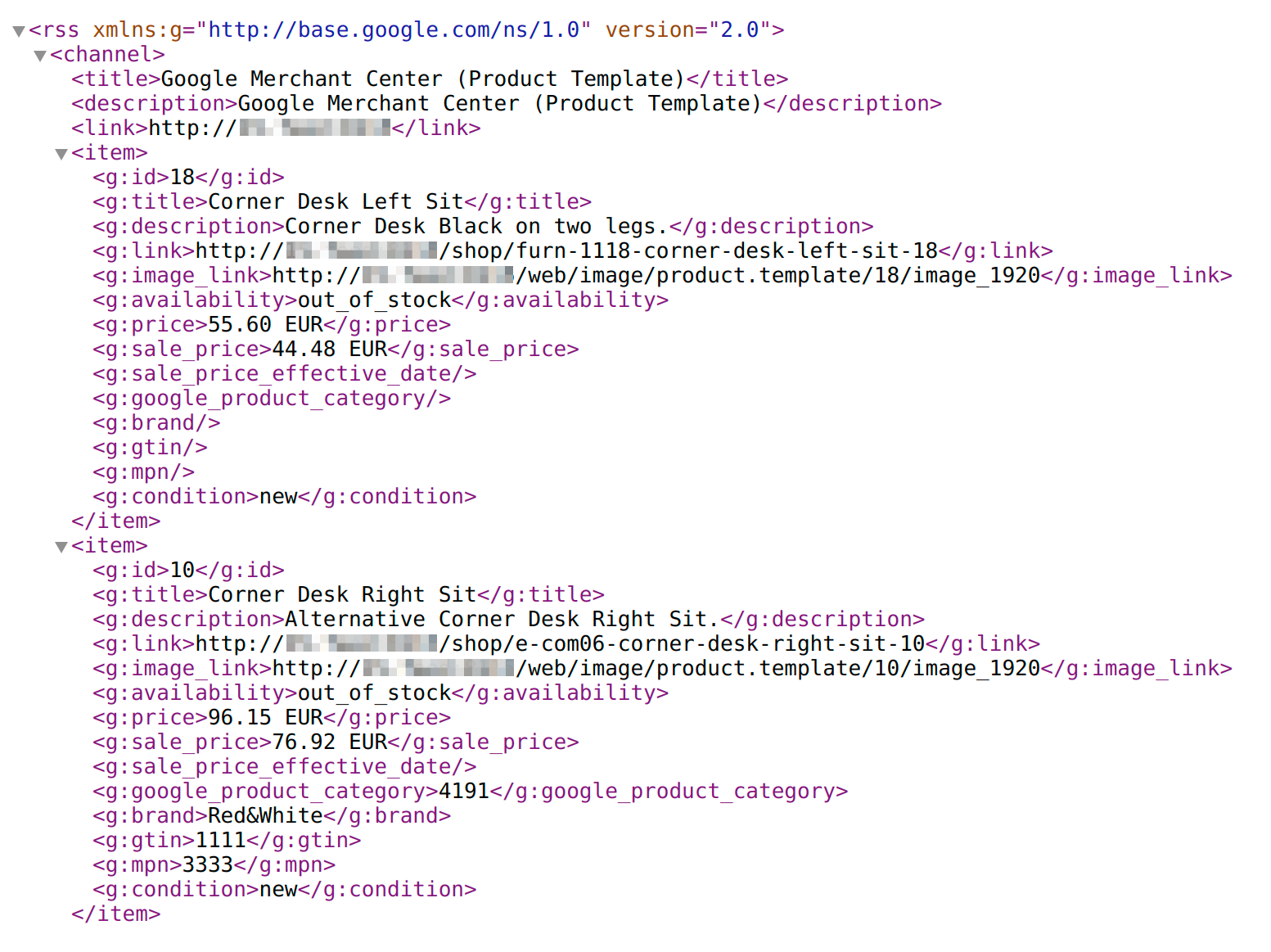 Sample of a product data feed XML output