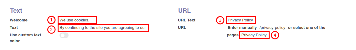 Odoo False.0 Website Cookies Alert text url link customization
