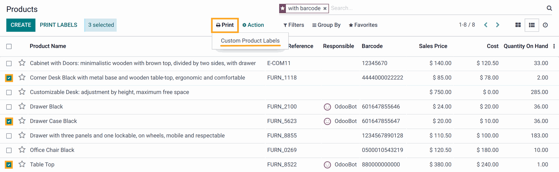 Odoo 16.0 select products to print