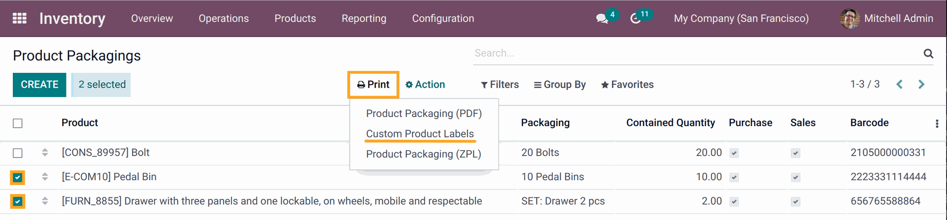Odoo 16.0 select product packaging to print
