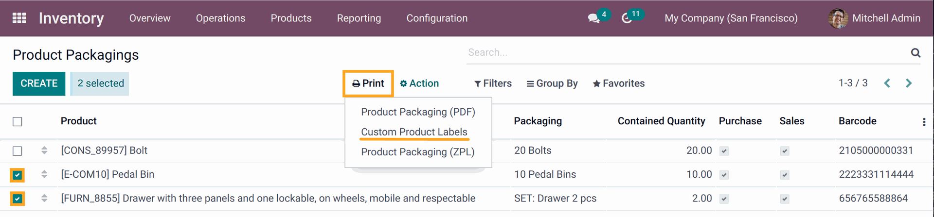 Odoo 14.0 select product packaging to print