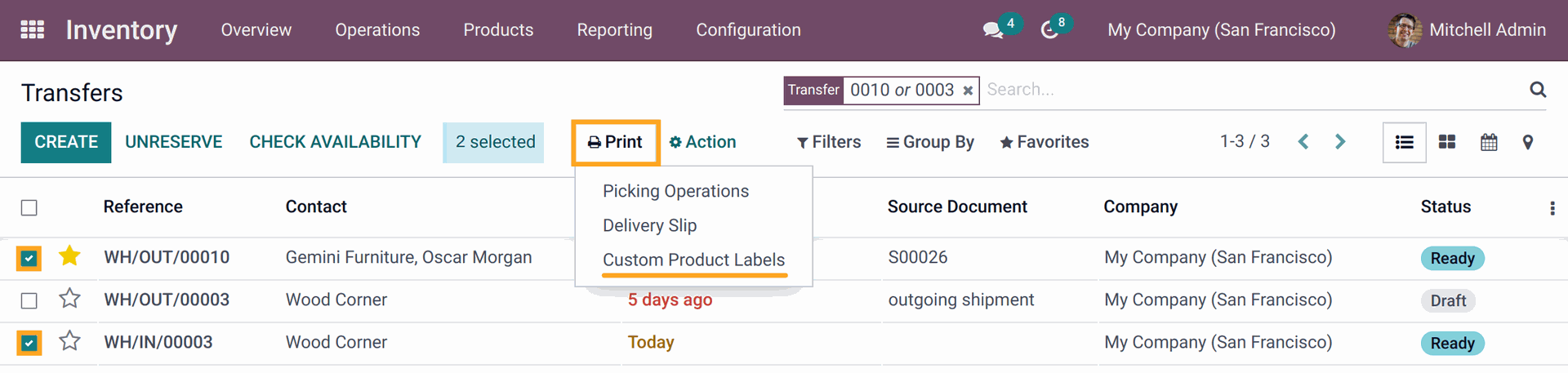 Odoo 15.0 select products to print