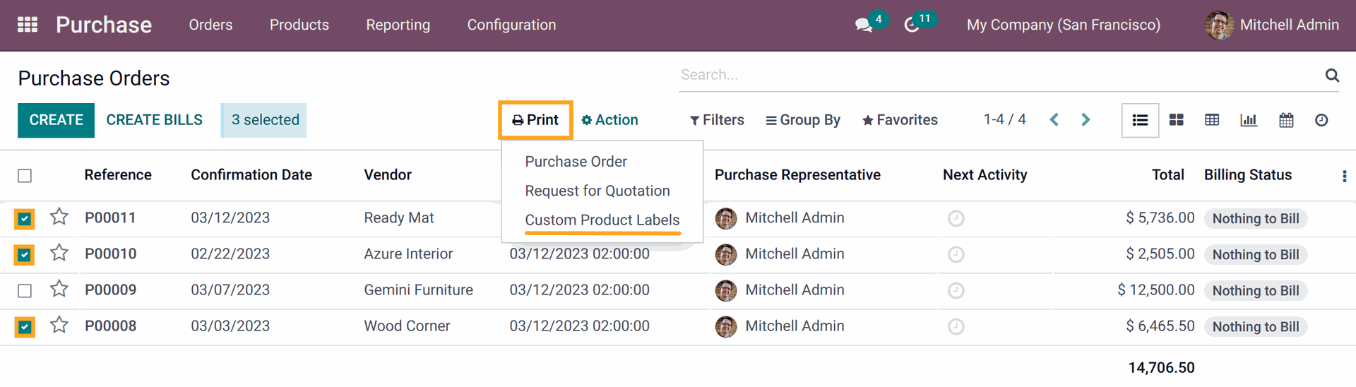 Odoo 17.0 select products to print