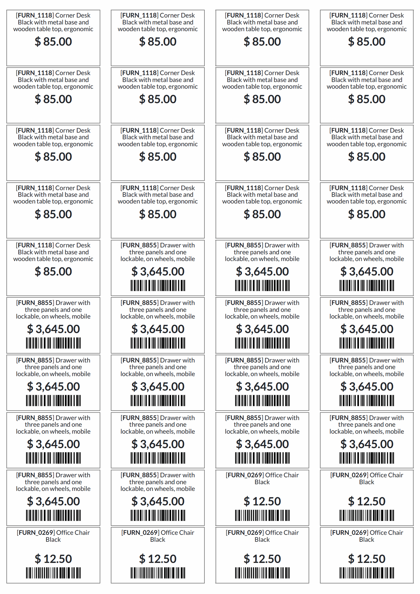 Odoo 14.0 US Letter Custom Product Barcode Labels, 196 x 57 mm