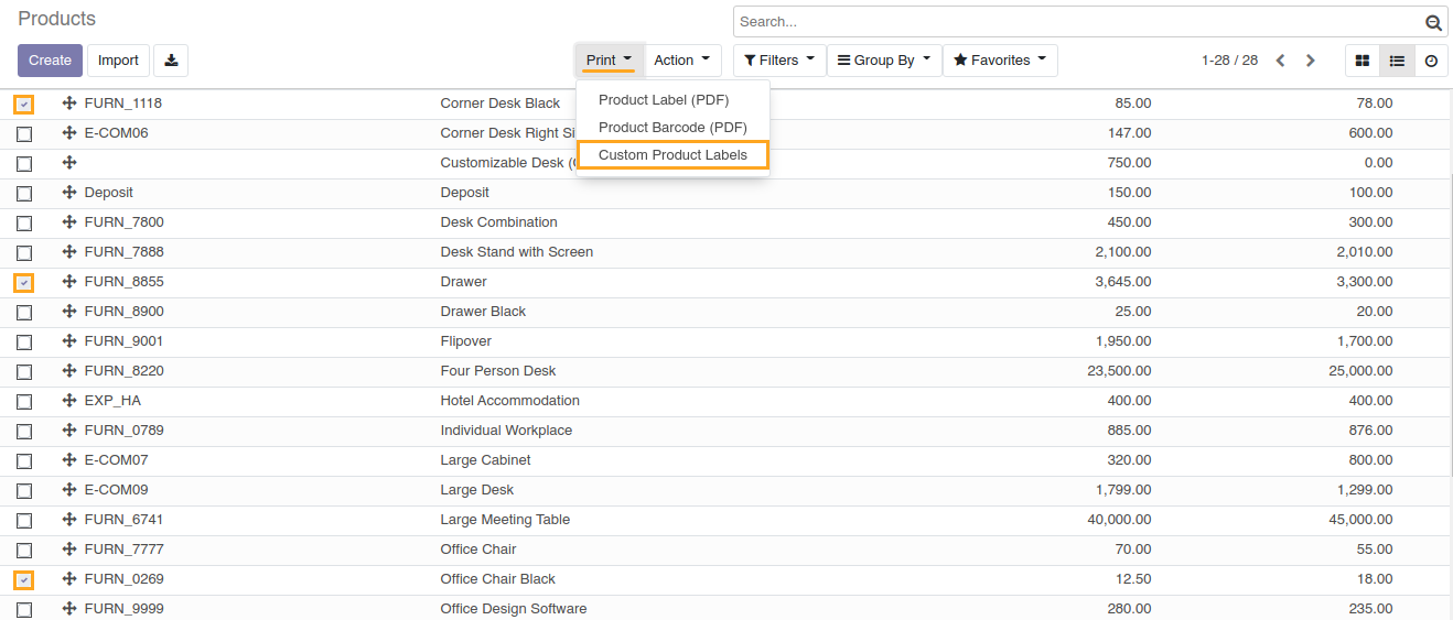 Odoo 14.0 Custom Product Labels 52x30 mm (40 pcs on A4) select product to print barcode labels