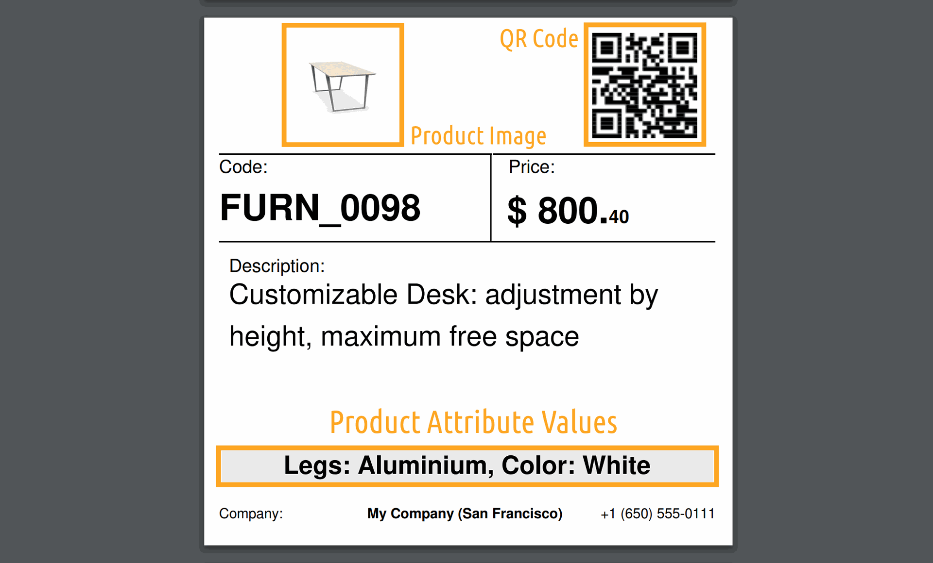odoo product label 100x100 with qrcode image and attributes