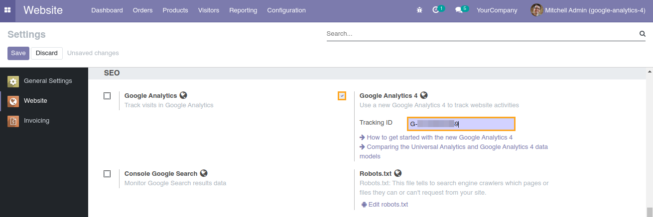 Odoo False.0 Google Analytics 4 Global Site Tag (gtag.js) configuration