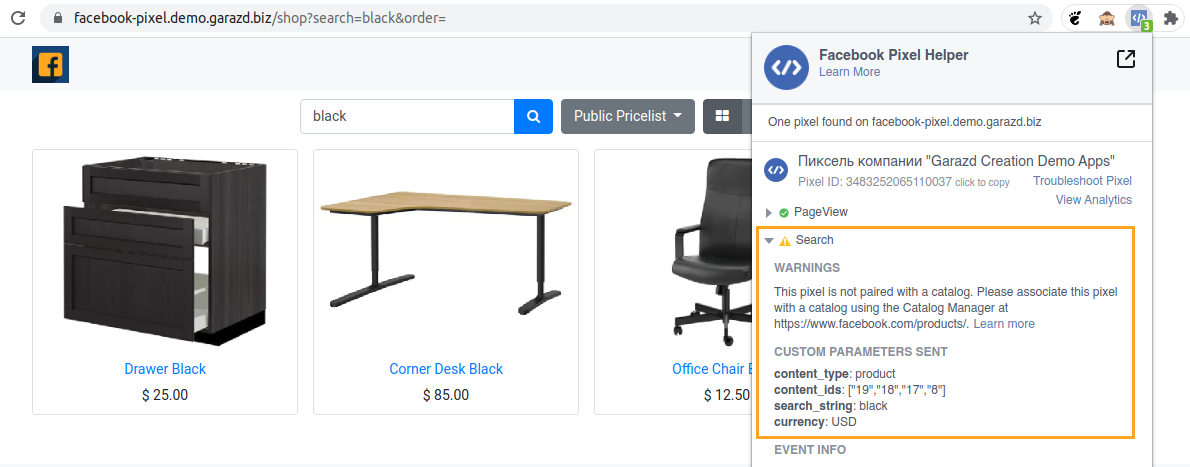 Odoo 14.0 Facebook Pixel event Search on the product page