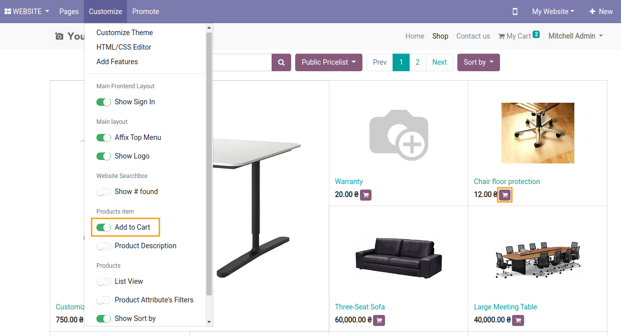 Odoo 14.0 enable option Add to Cart on a products webpage