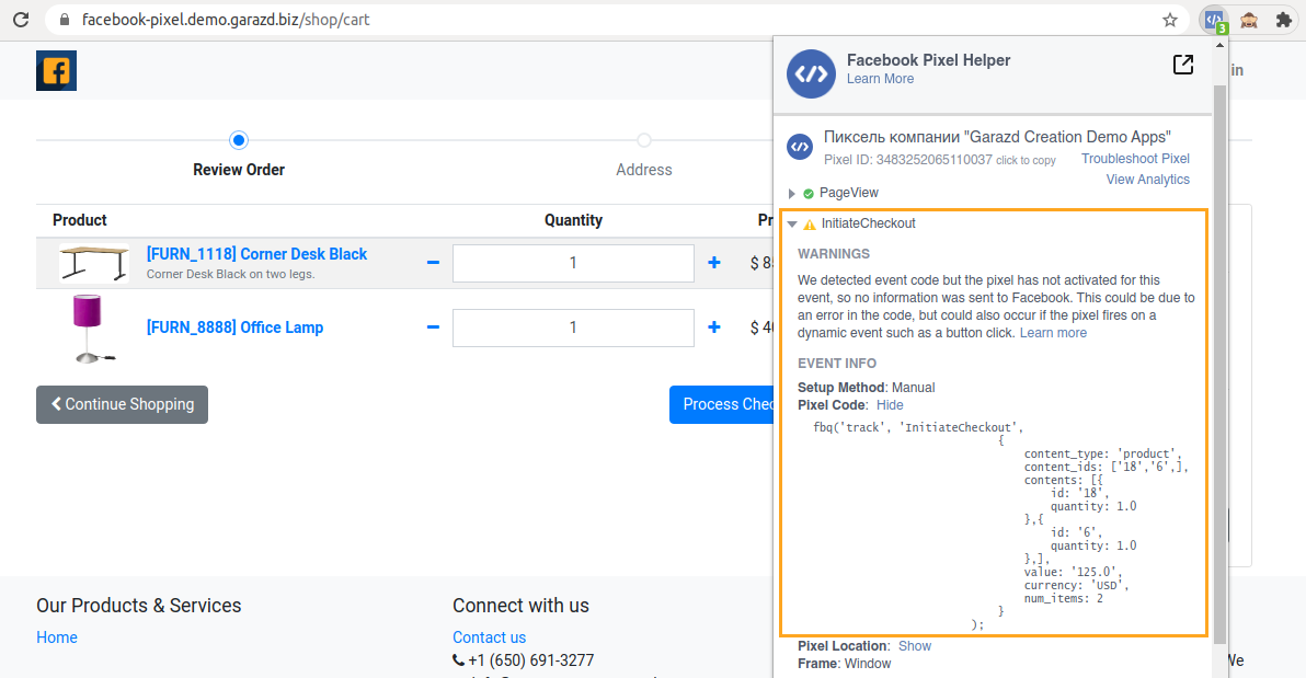 Odoo 14.0 Facebook Pixel event InitiateCheckout on the Cart page