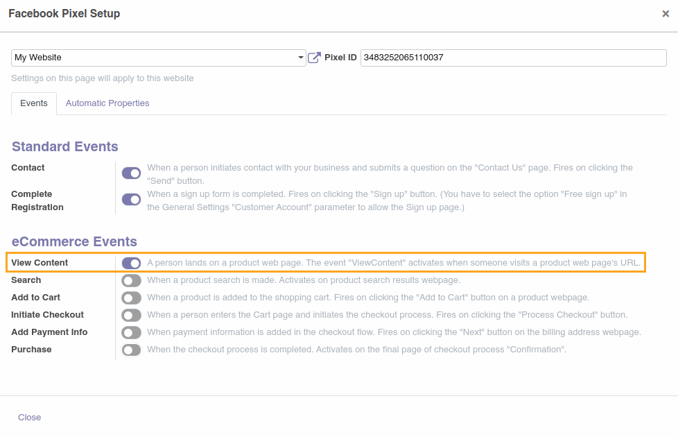 Odoo 14.0 the Facebook Pixel event ViewContent configuration on website