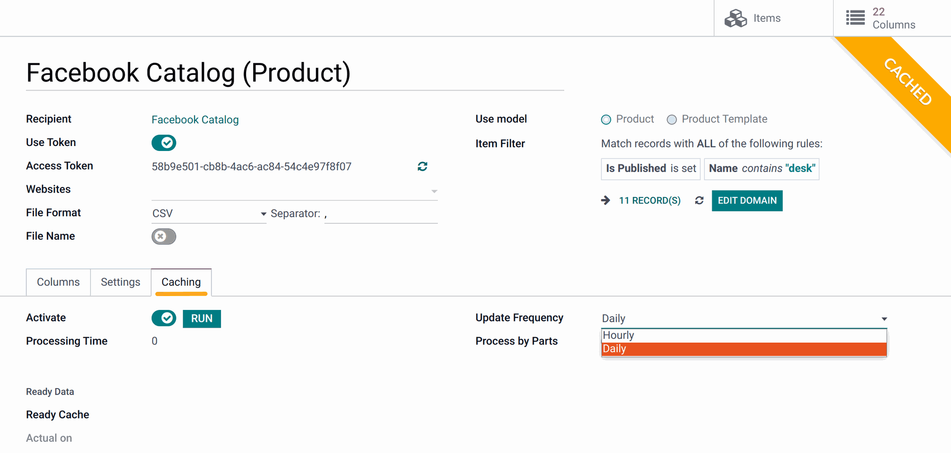 Odoo data feed cache settings 17.0