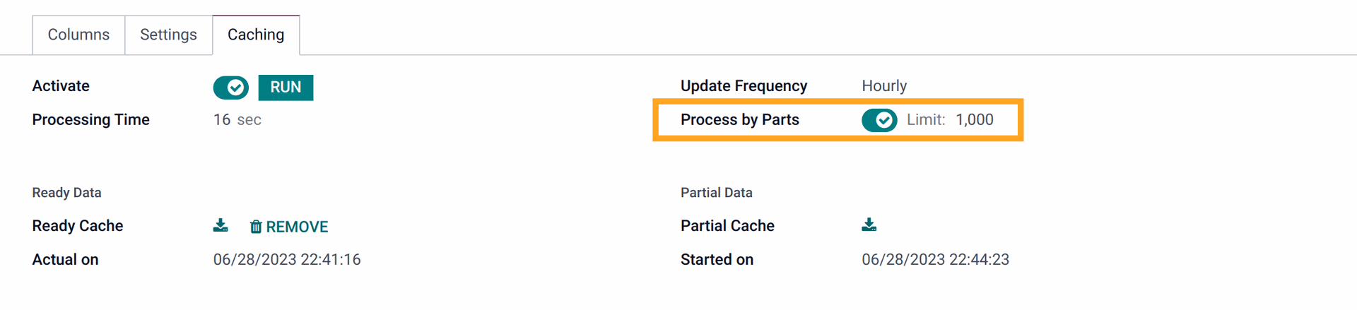 Odoo data feed caching by parts 17.0