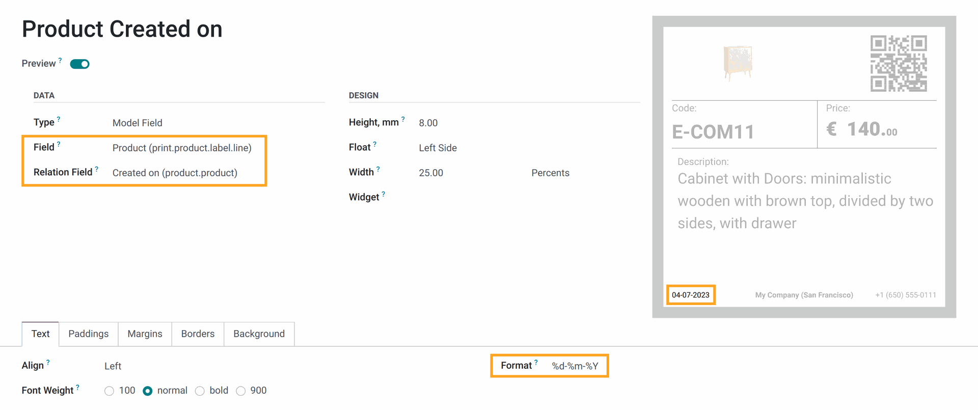 odoo product label with date fields