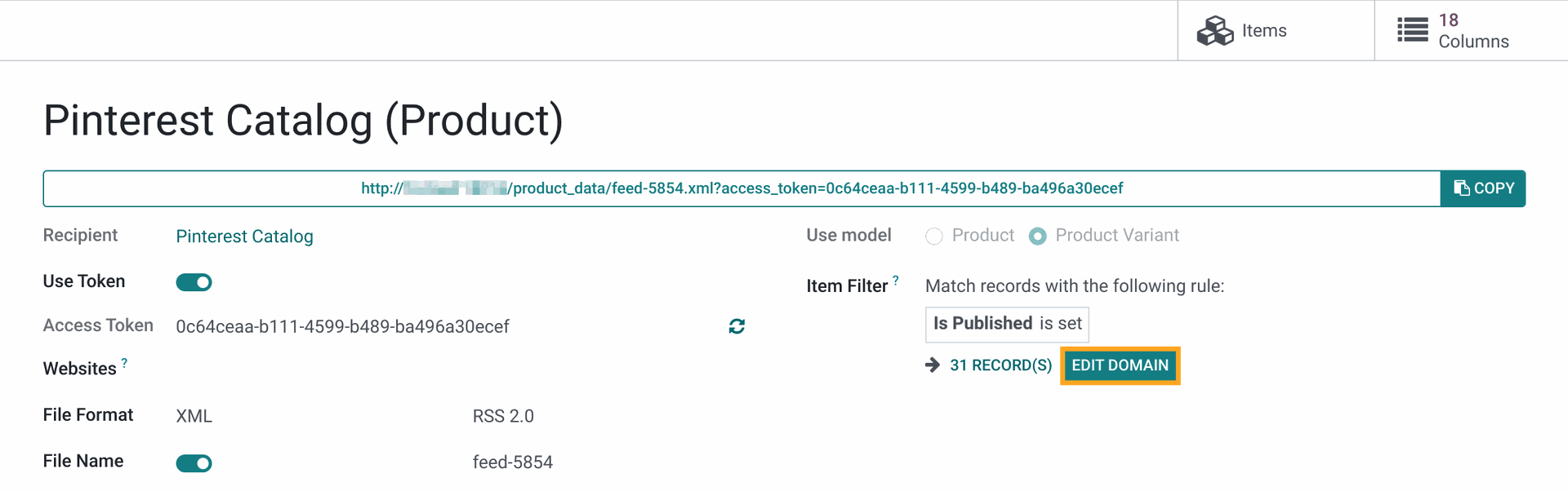 Odoo Pinterest Catalogs product filter 16.0