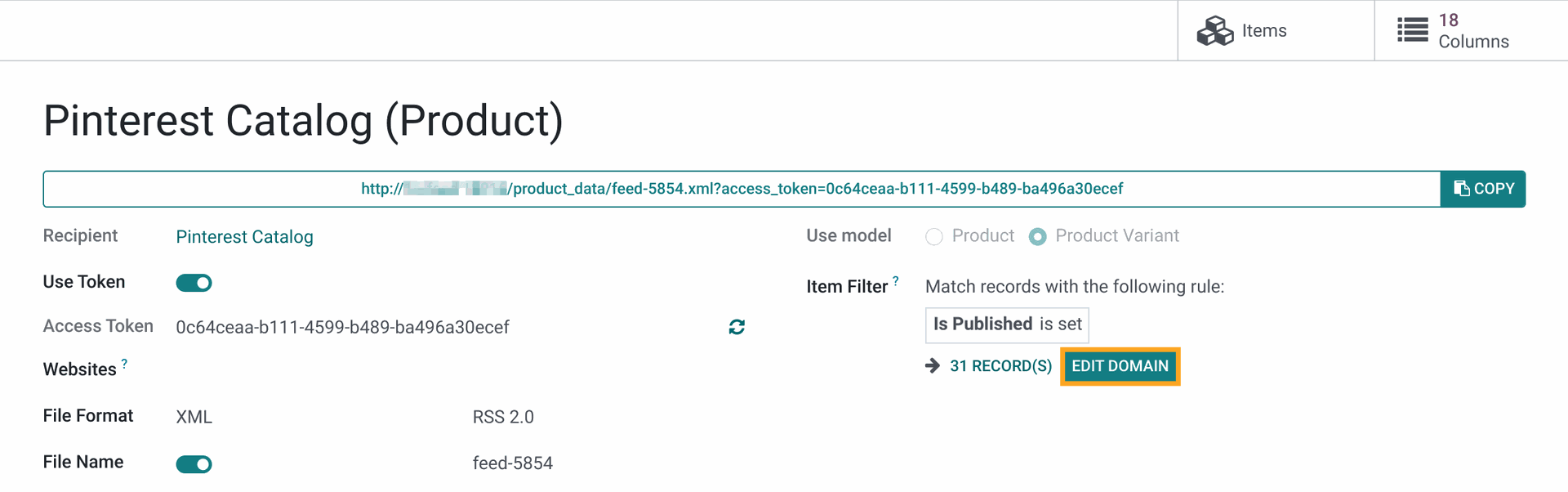 Odoo Pinterest Catalogs product filter 17.0