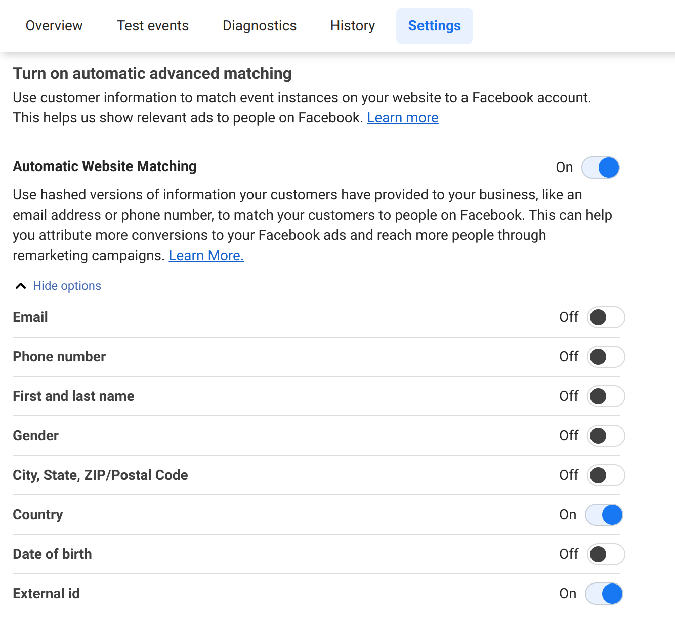 Meta Pixel Advanced Matching settings for Odoo