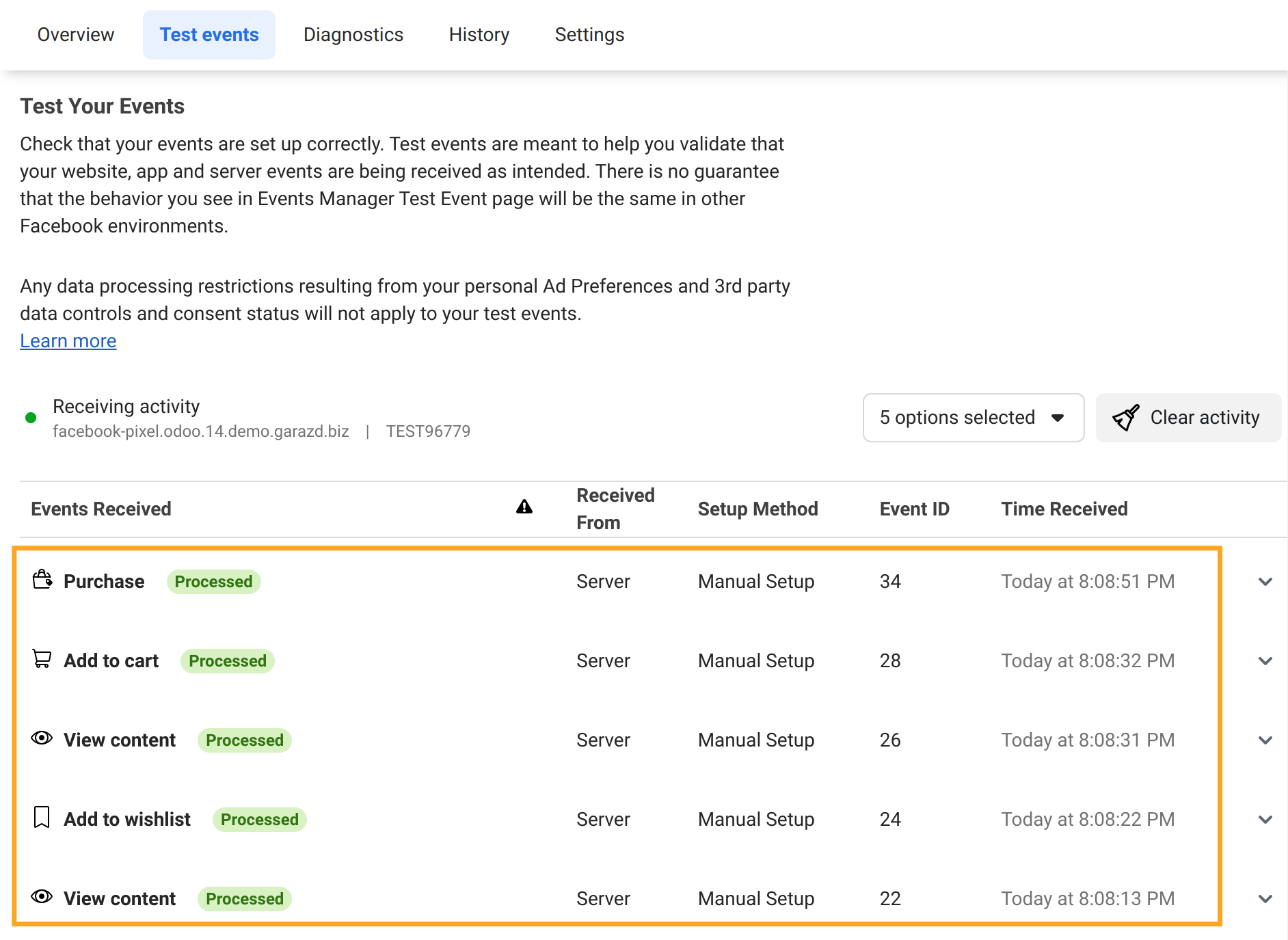 Odoo Facebook Conversion API tracking events testing results 17.0