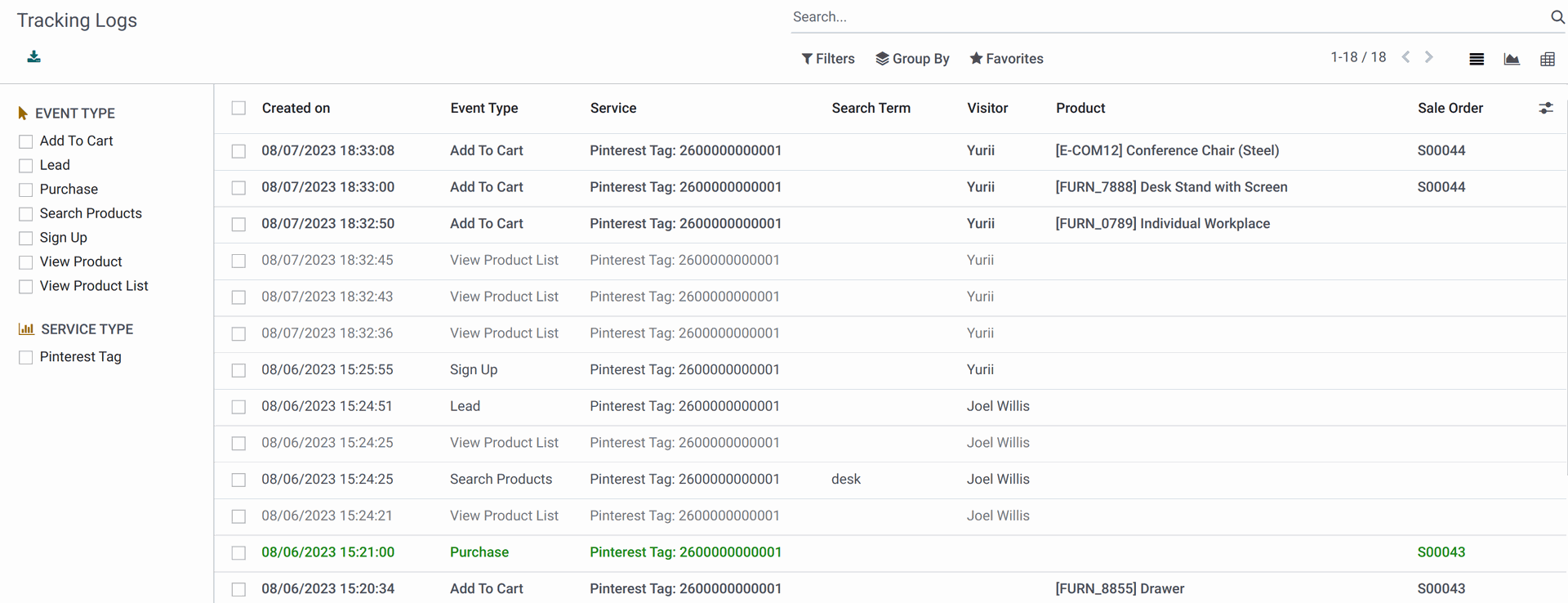 Odoo Pinterest Tag tracking - internal logging in 16.0