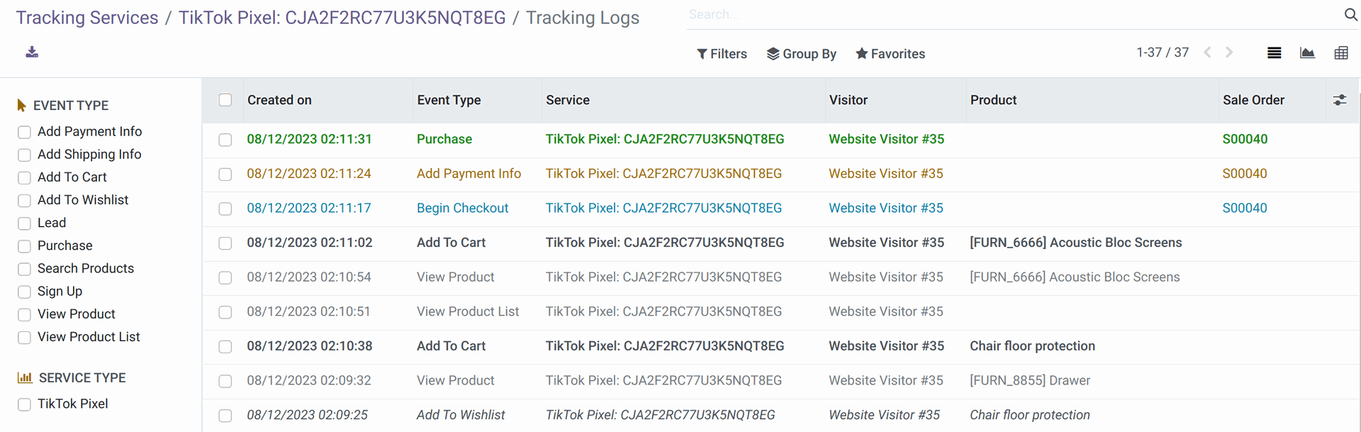Odoo TikTok Pixel tracking - internal logging in 16.0