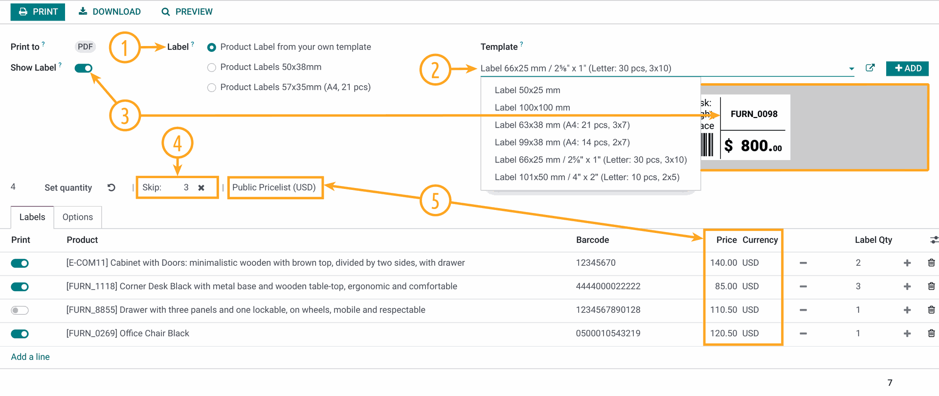 Odoo 17.0 product label settings