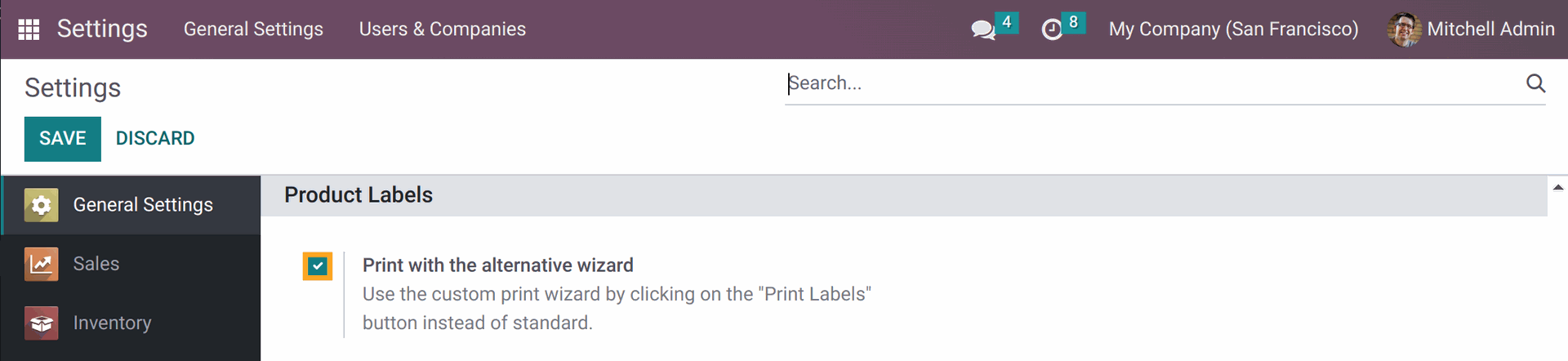 Odoo print product labels by alternative print wizard in 15.0