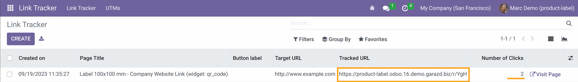 Odoo Product Label Link Tracker shorten URL in 17.0