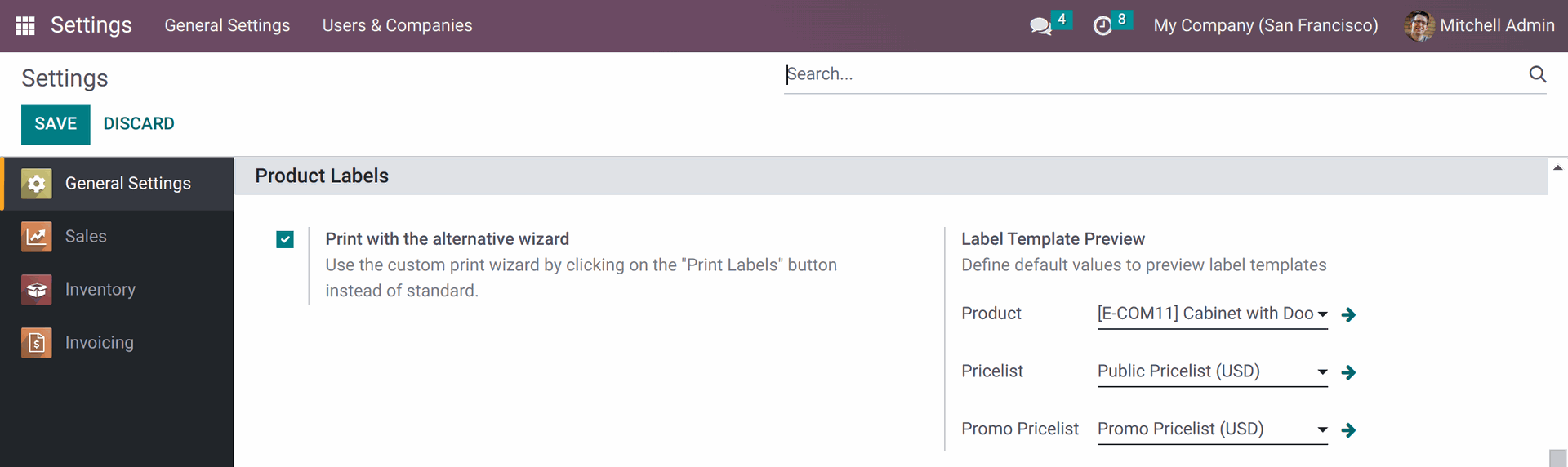 Odoo product label settings for template preview in 16.0