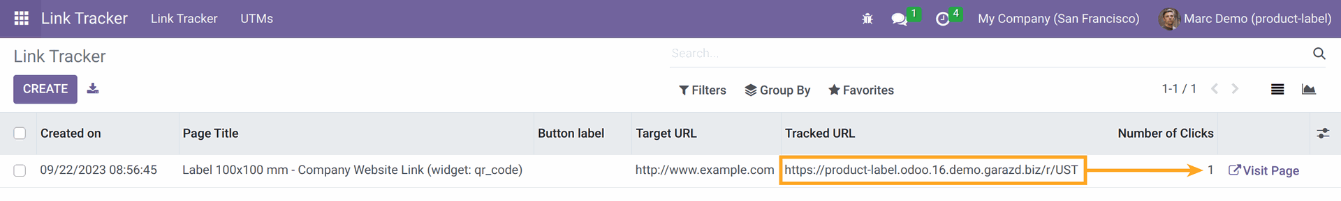 odoo product label shorten url tracking clicks