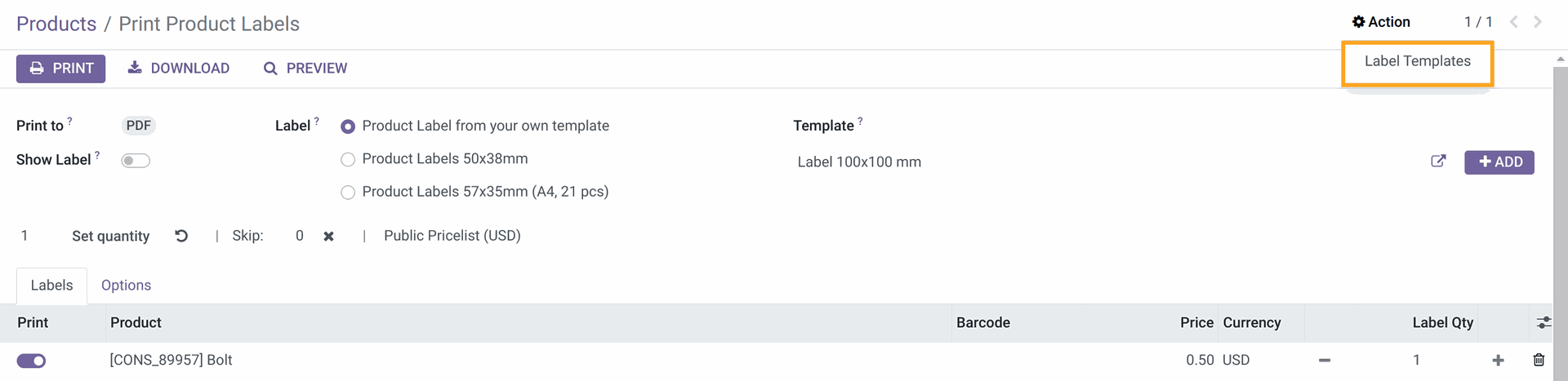 odoo product label action label templates