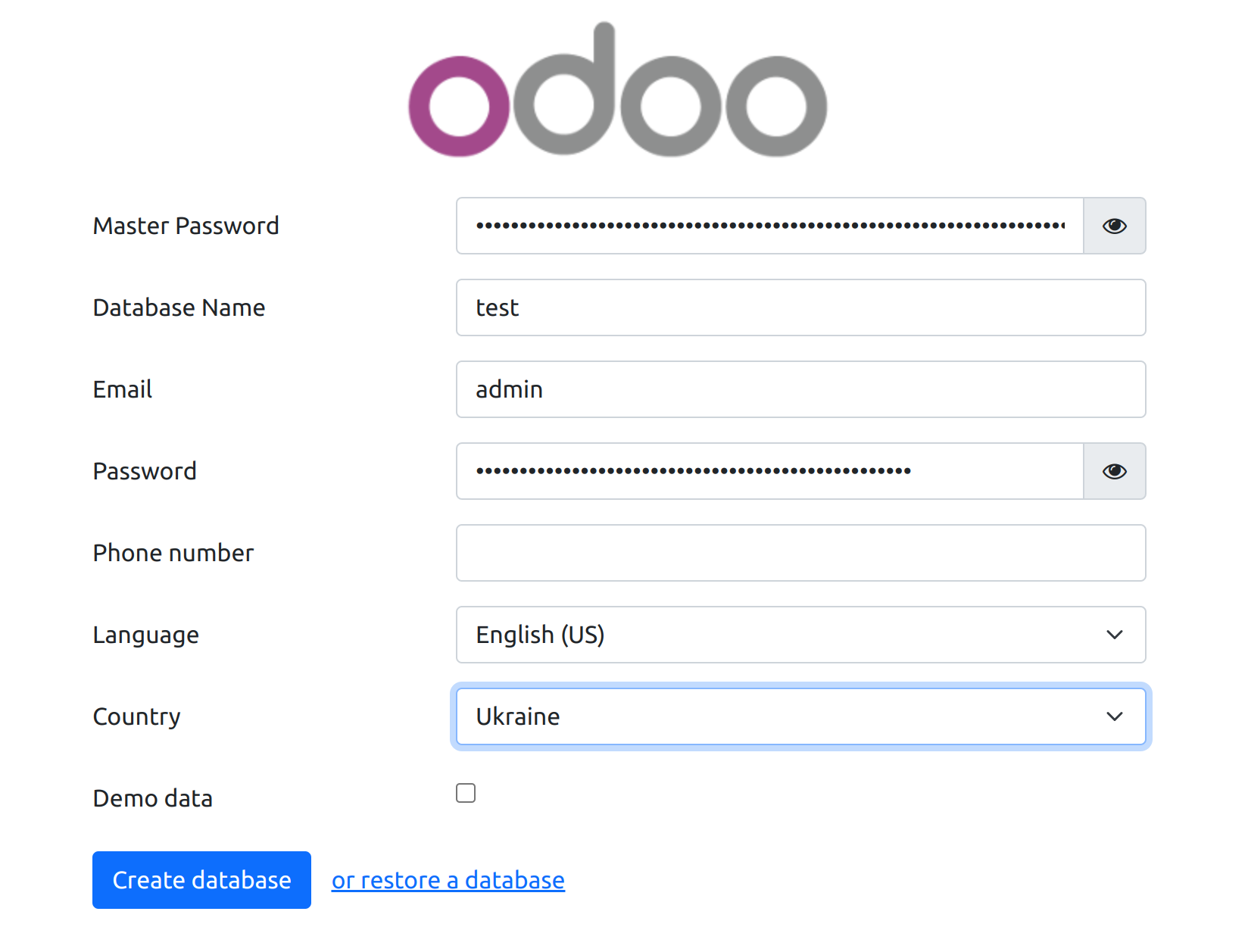 odoo docker new database parameters