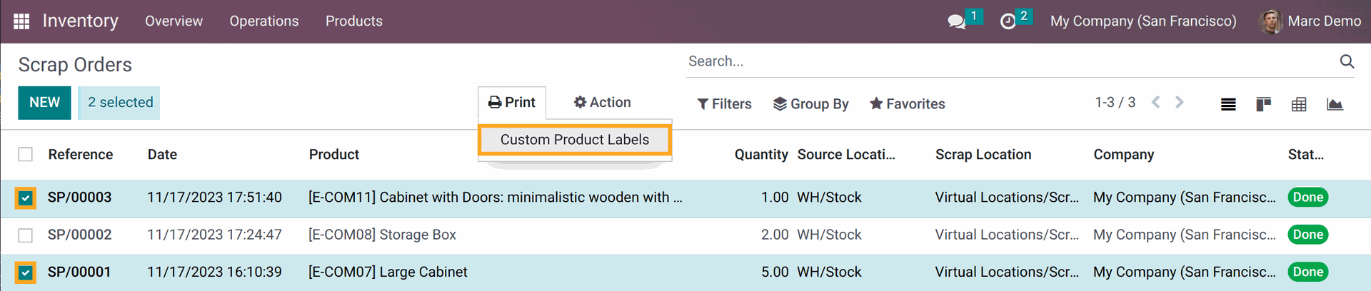 Product label printing from Scrap Orders in Odoo 17.0