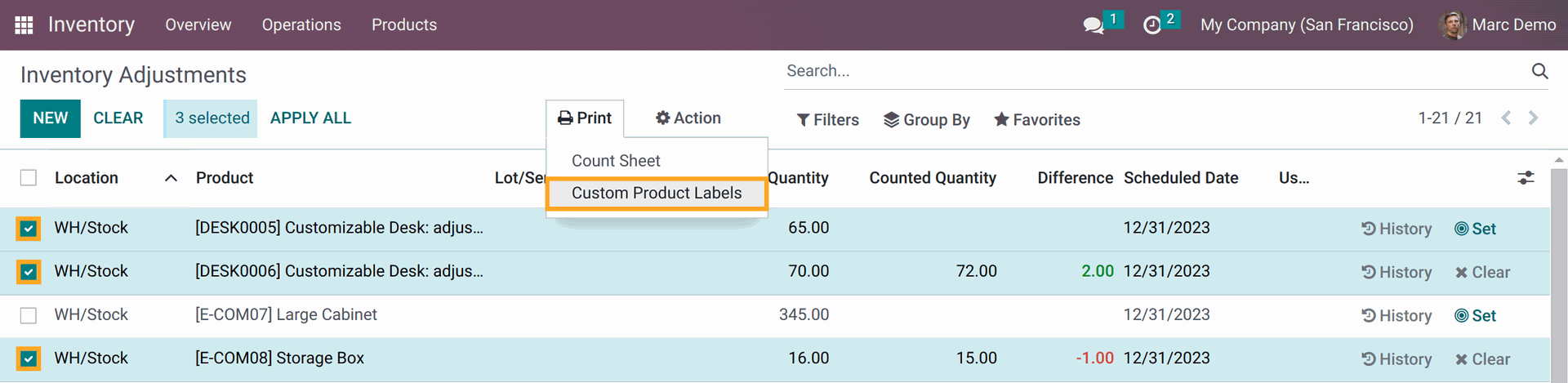 Print product labels from Inventory Adjustments in Odoo 17.0