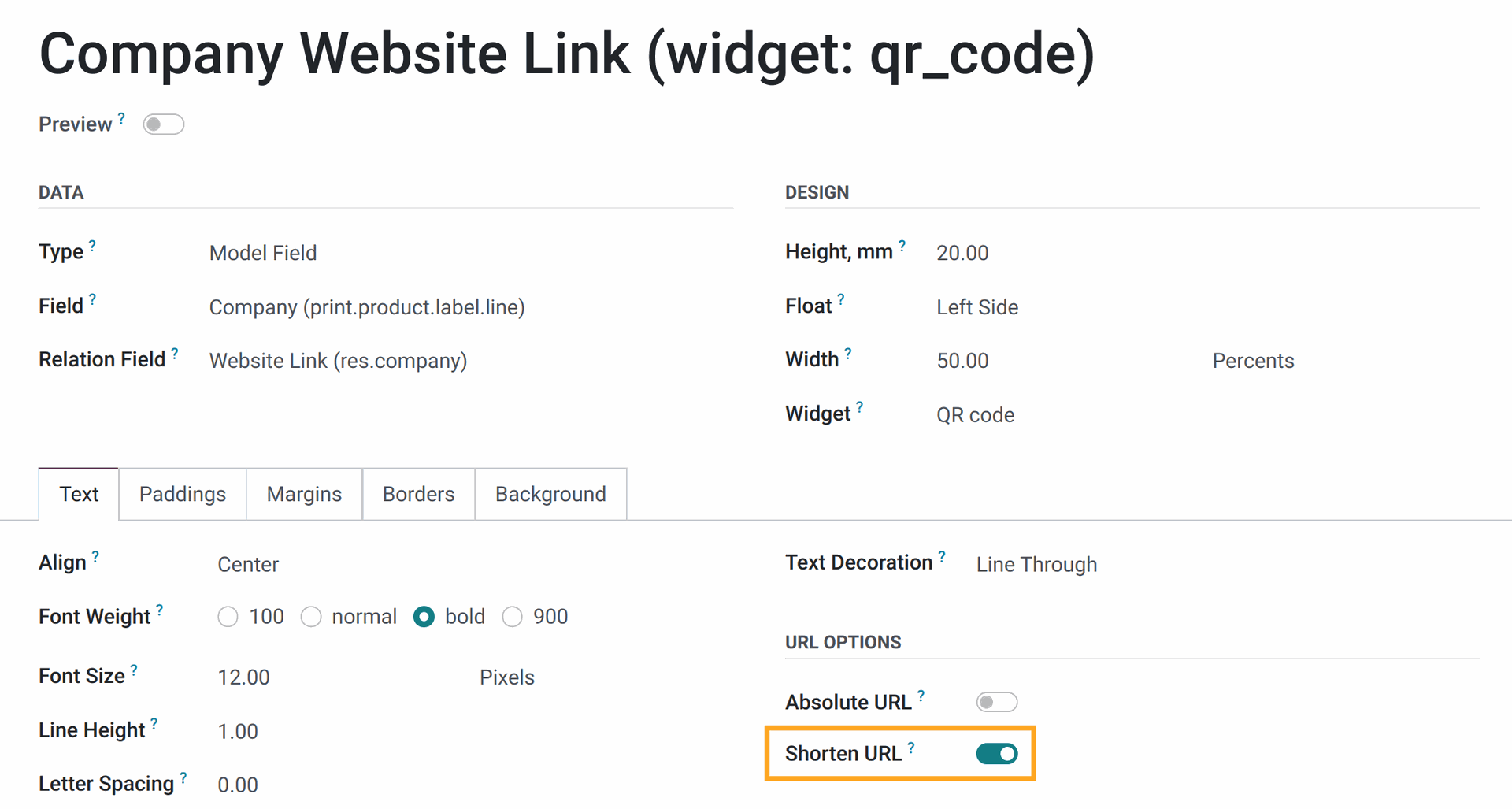 Odoo product label section option shorten URL in 17.0