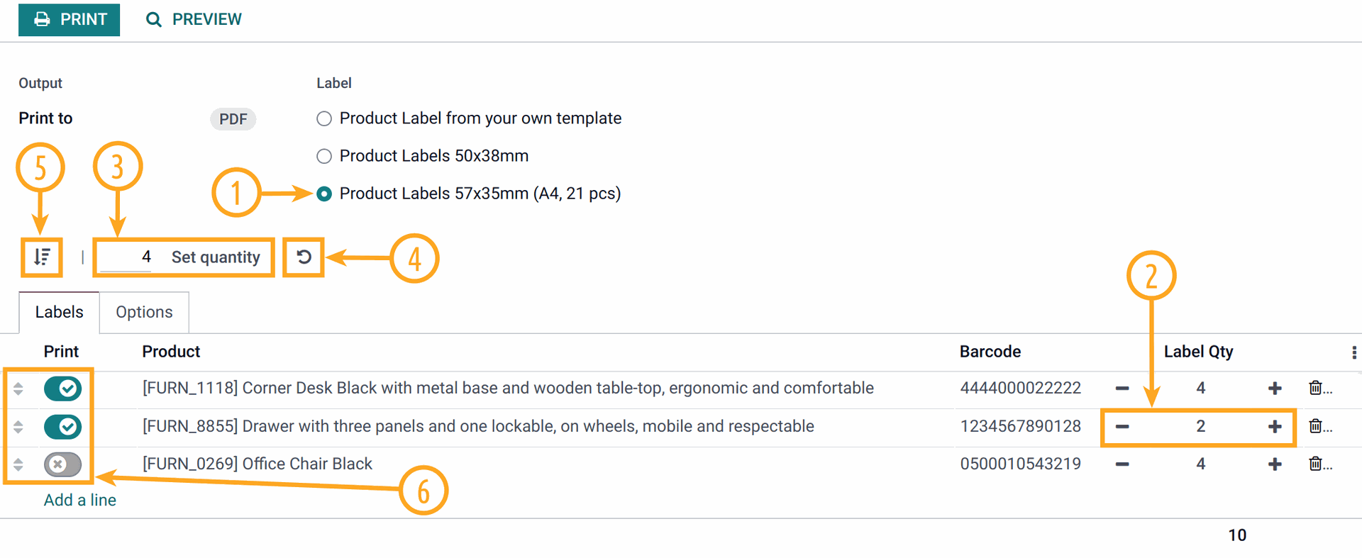 Odoo 14.0 product label settings