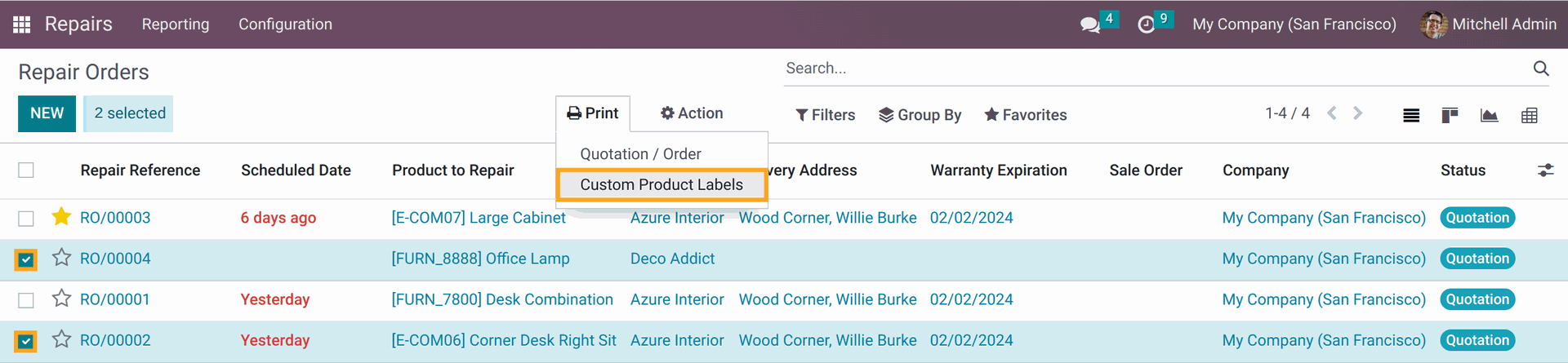 Odoo 17.0 select products to print