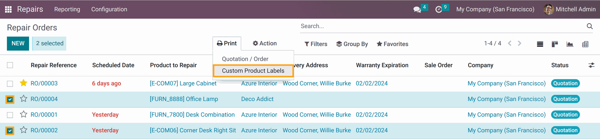 Odoo 16.0 select products to print