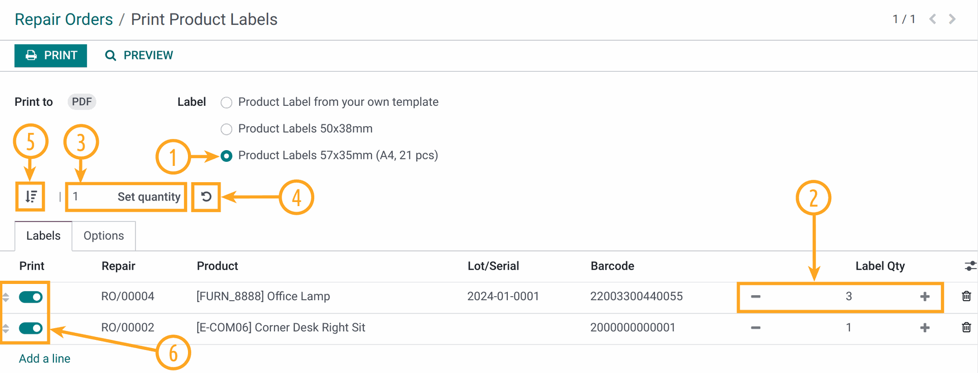 Odoo 17.0 barcode label settings for repairs