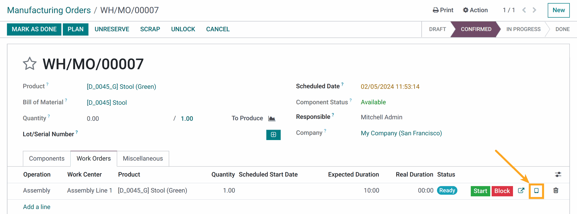 Open MRP Tablet View in Odoo MRP Workorder Labels