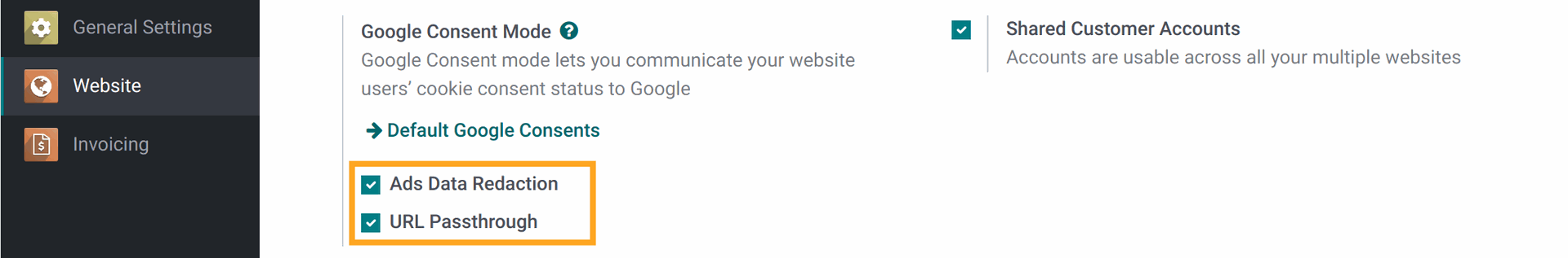 Google Consent Mode URL passthrough setting in Odoo 14.0