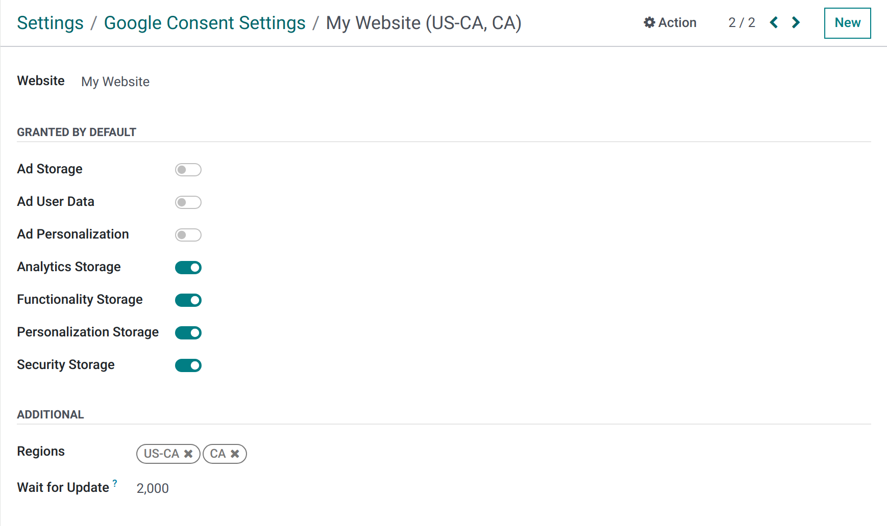 Google Consent Mode setting default values in Odoo 17.0