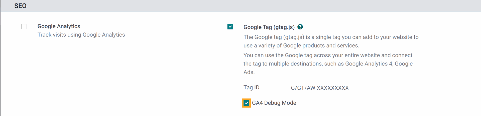 Odoo GA4 Google Analytics 4 Debug Mode setting in 17.0