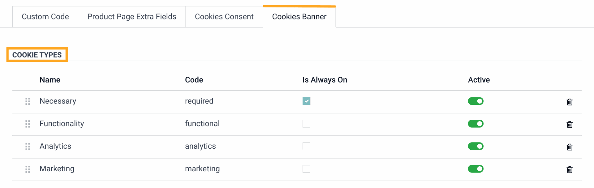 Odoo 17.0 Cookies Banner setting with cookie types